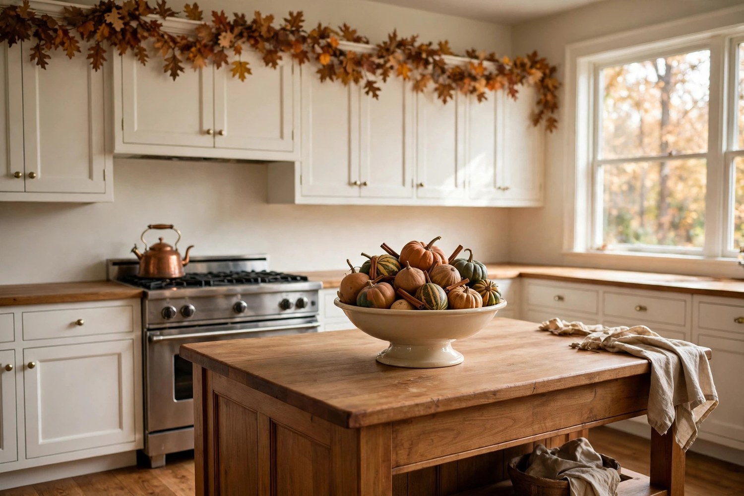 Thanksgiving kitchen with a footed bowl of gourds on the island, a dried-leaf garland above the cabinets, and a copper kettle