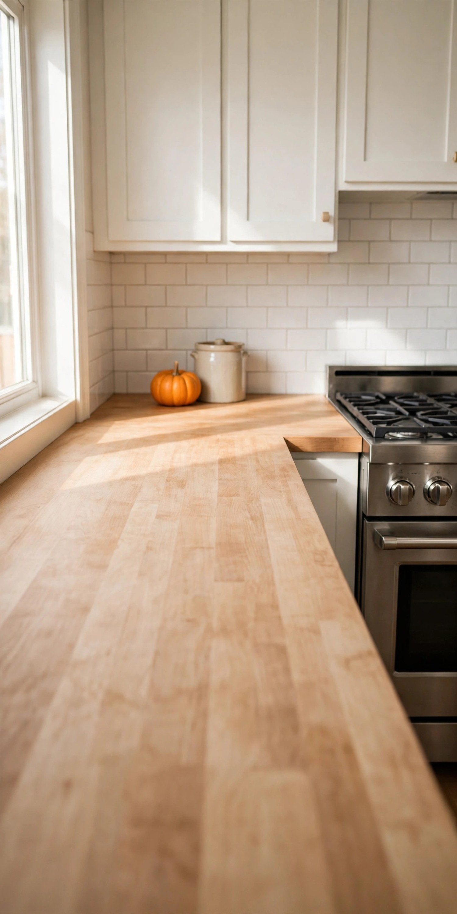 Clear kitchen prep counter beside the stove with one small pumpkin and a crock in the far corner