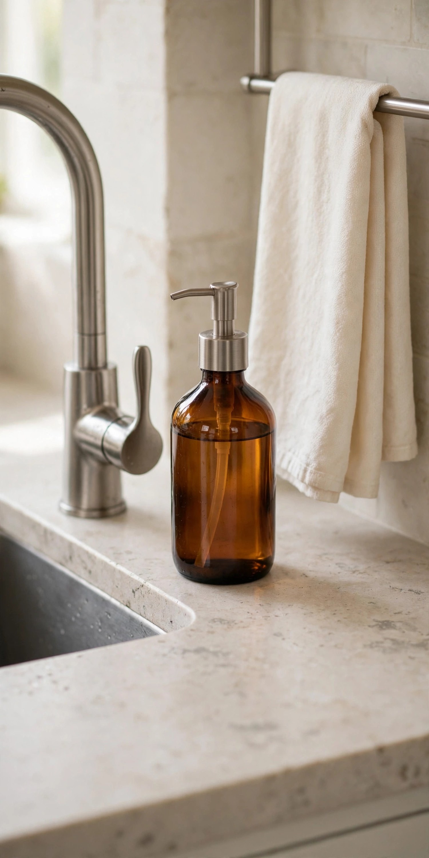 Amber glass soap dispenser with a metal pump beside a kitchen faucet and a folded cream towel