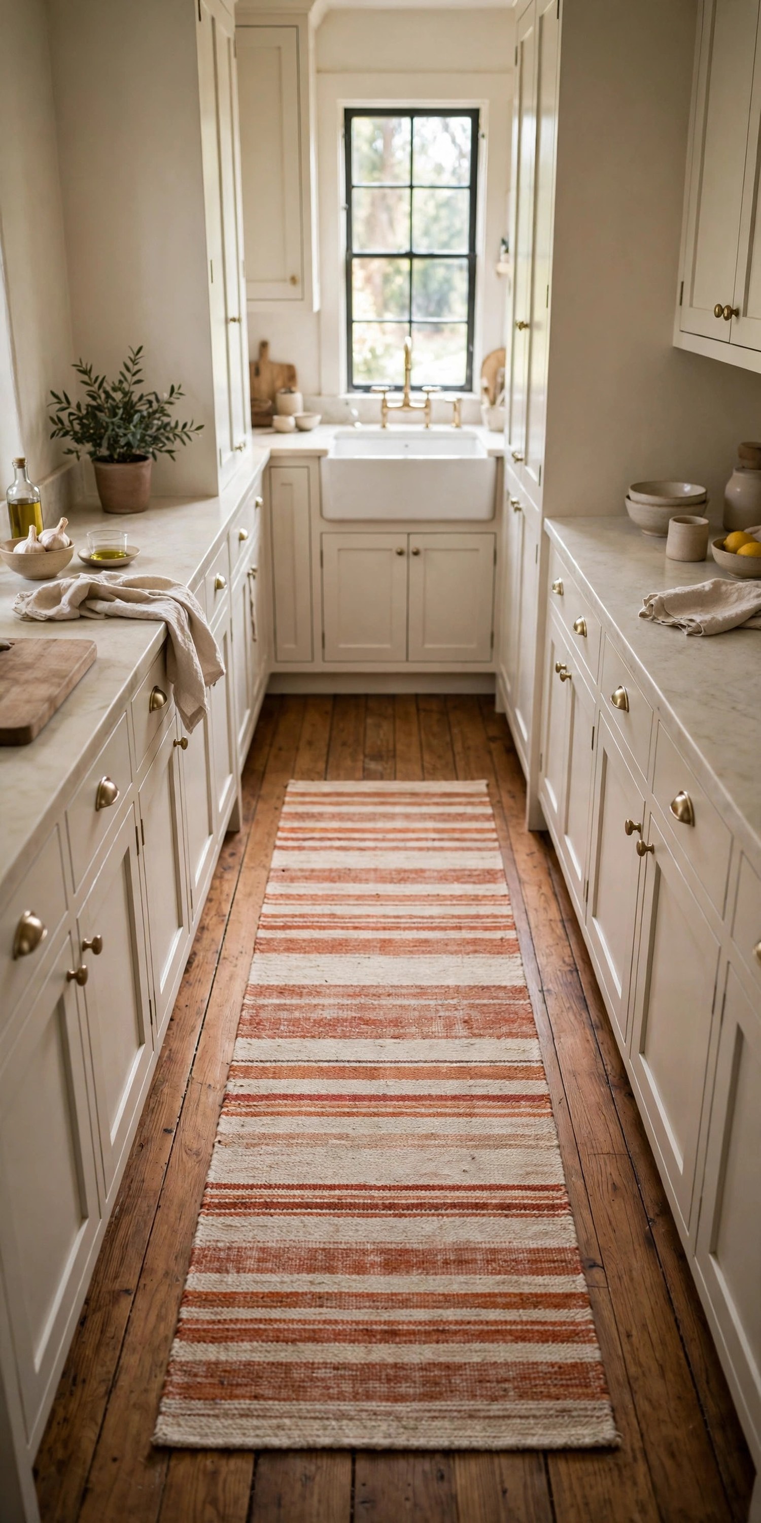 Striped rust and cream washable runner on a kitchen floor in front of a farmhouse sink