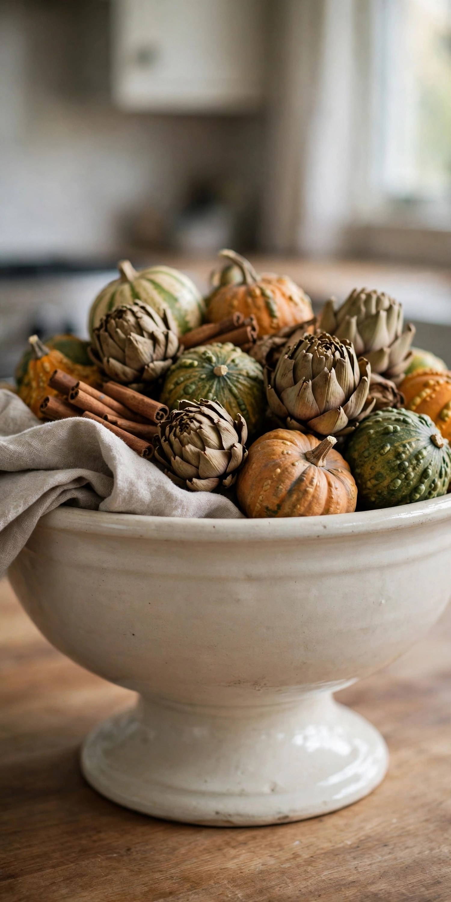 Footed cream ceramic bowl filled with gourds, dried artichokes, and cinnamon sticks on a kitchen island