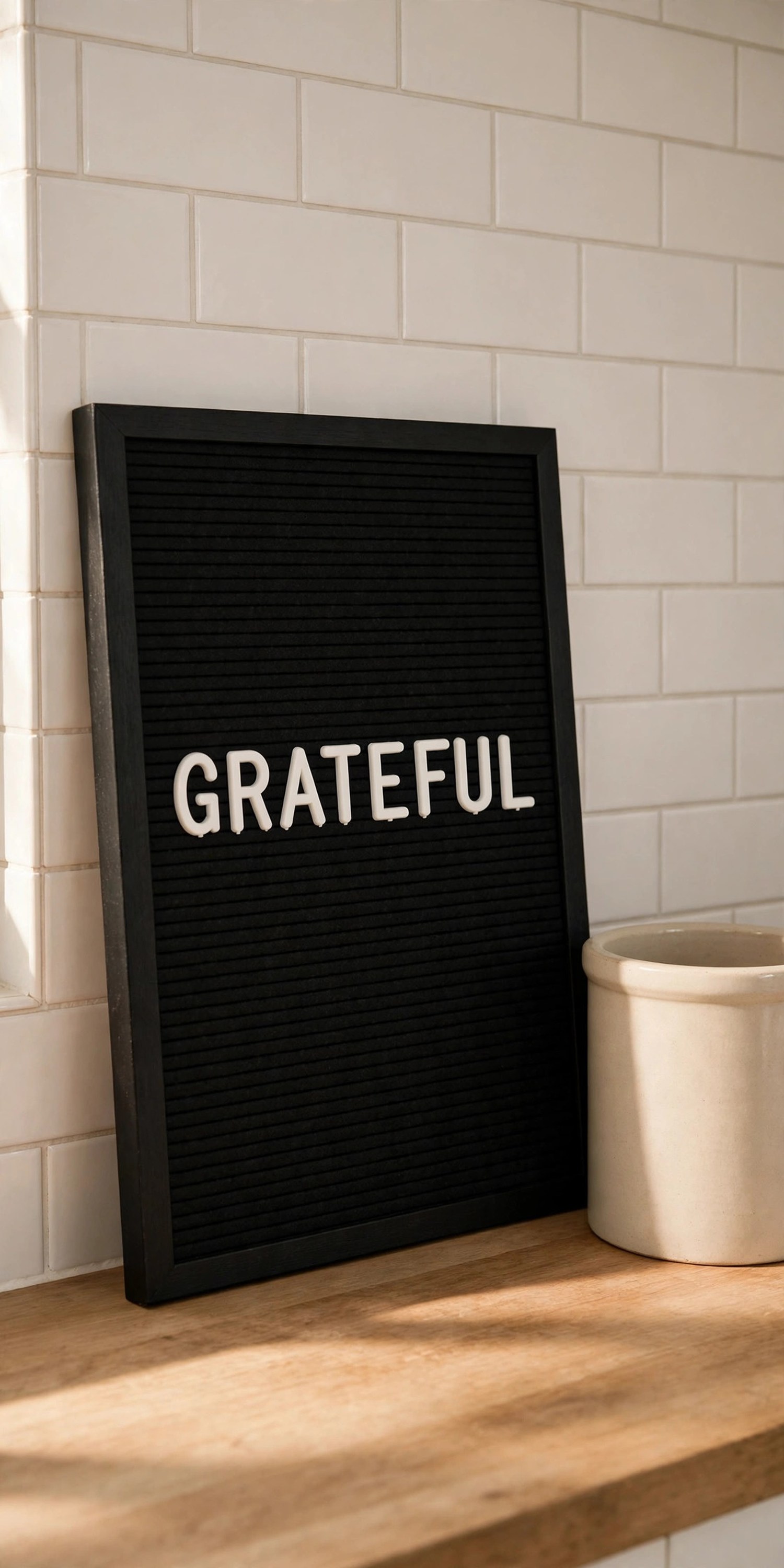 Felt letter board spelling GRATEFUL leaning against a kitchen backsplash