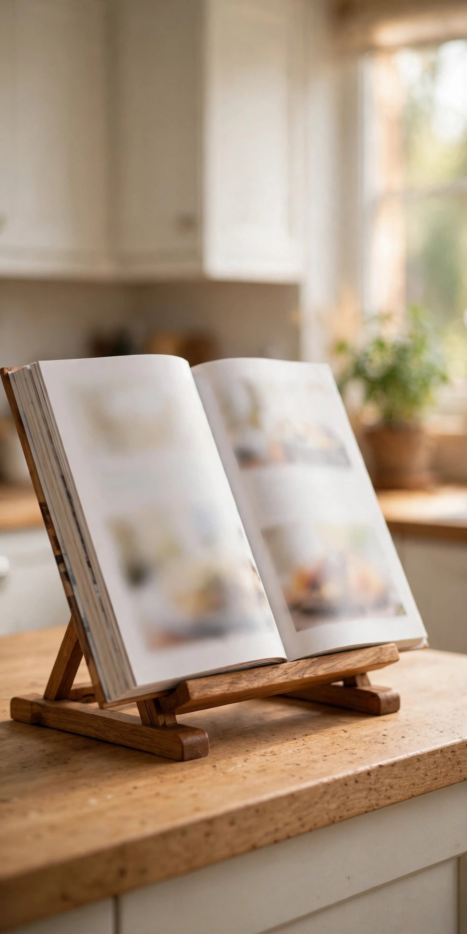 Open cookbook on a wooden stand on a kitchen counter