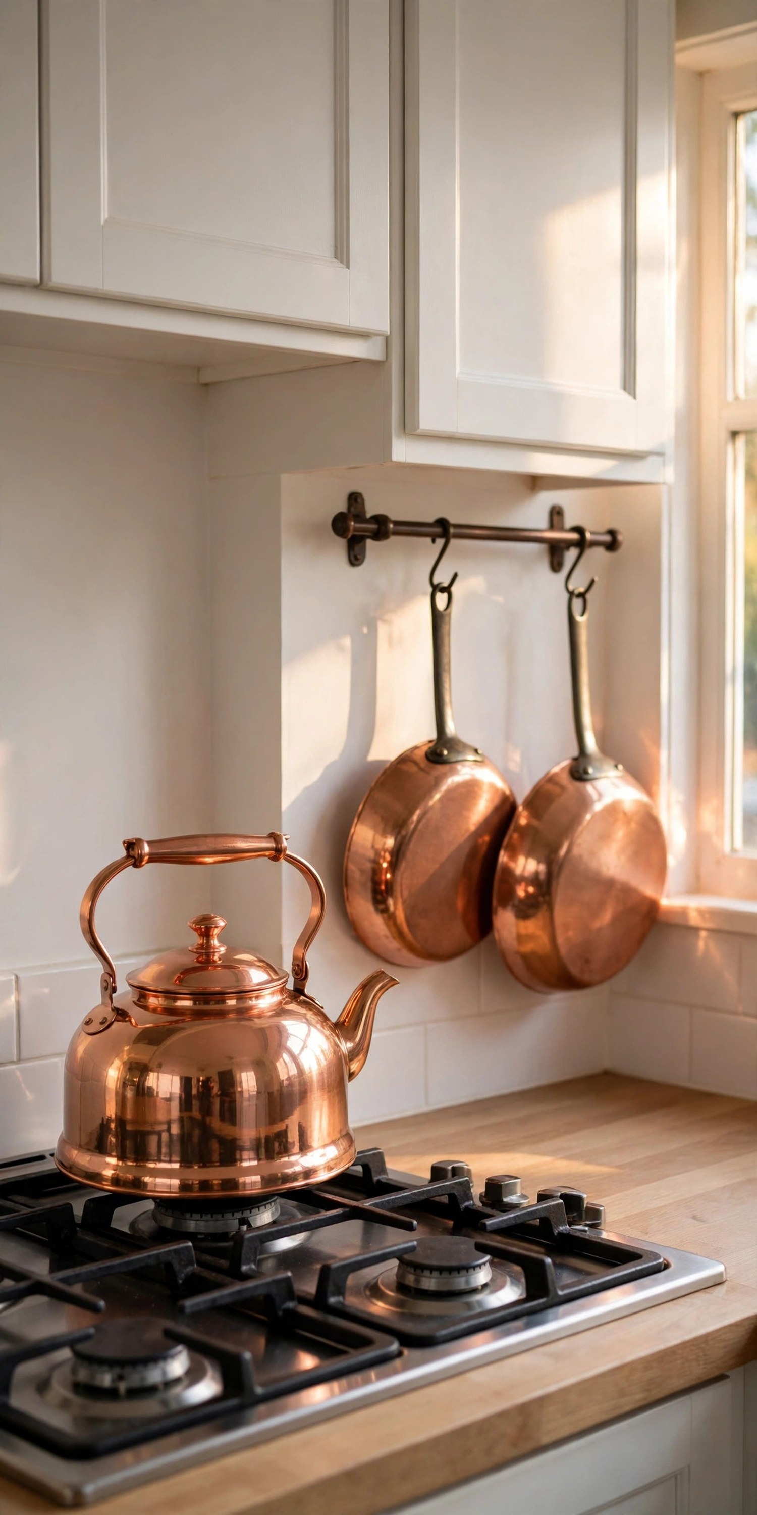 Copper kettle on a stovetop with copper pans hanging from a rail beside it