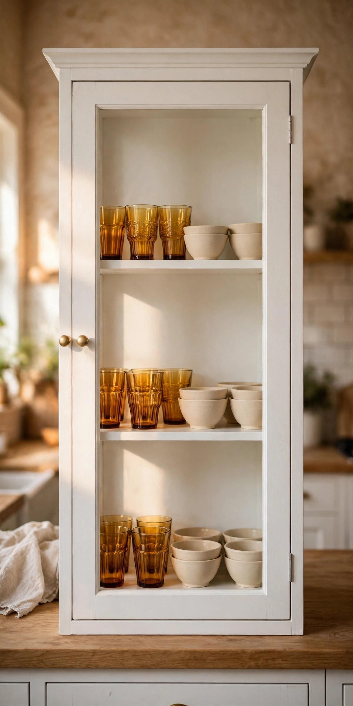 Glass-front cabinet with amber drinking glasses and cream stoneware bowls in the front rows