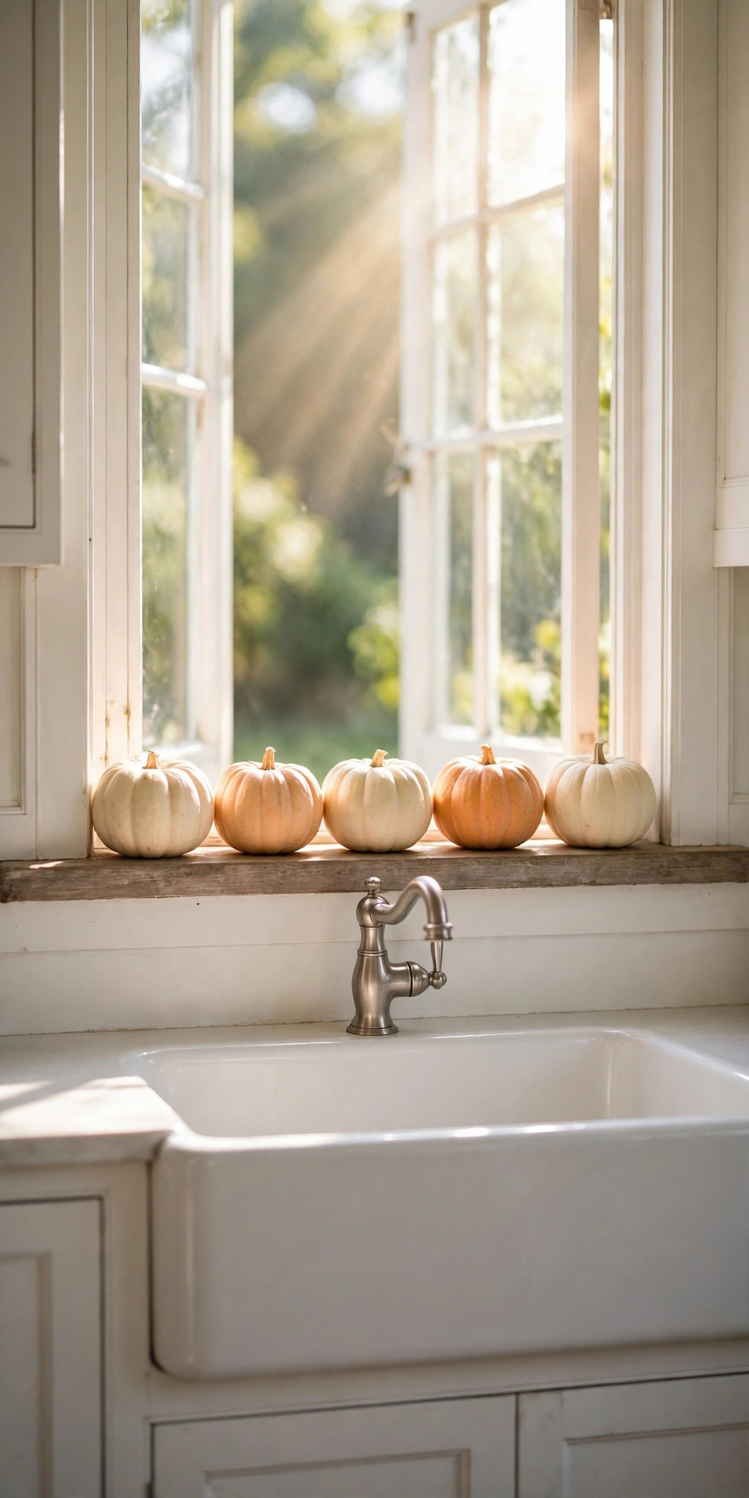 Five small whole pumpkins in cream and soft orange on a window sill above a farmhouse sink