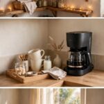 Three-panel collage of a fairy-lit kitchen shelf corner, a coffee station corner, and a bright window kitchen nook