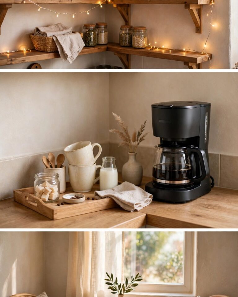 Three-panel collage of a fairy-lit kitchen shelf corner, a coffee station corner, and a bright window kitchen nook