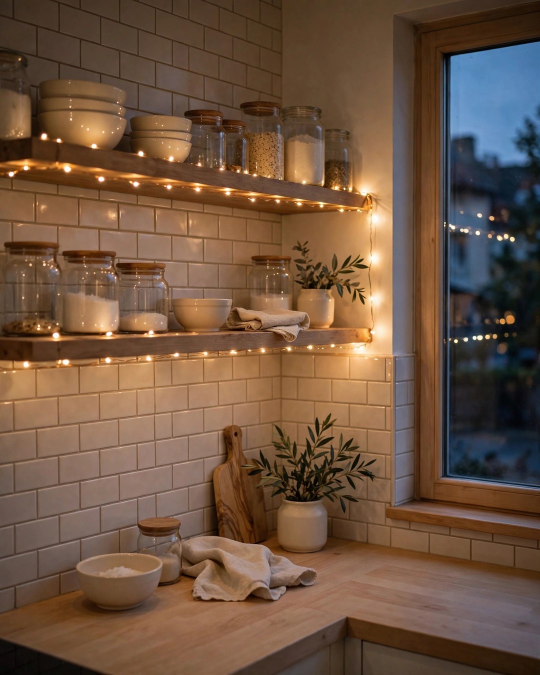 Cozy kitchen corner decor ideas: open wooden shelves with cream ceramics and warm fairy lights at dusk