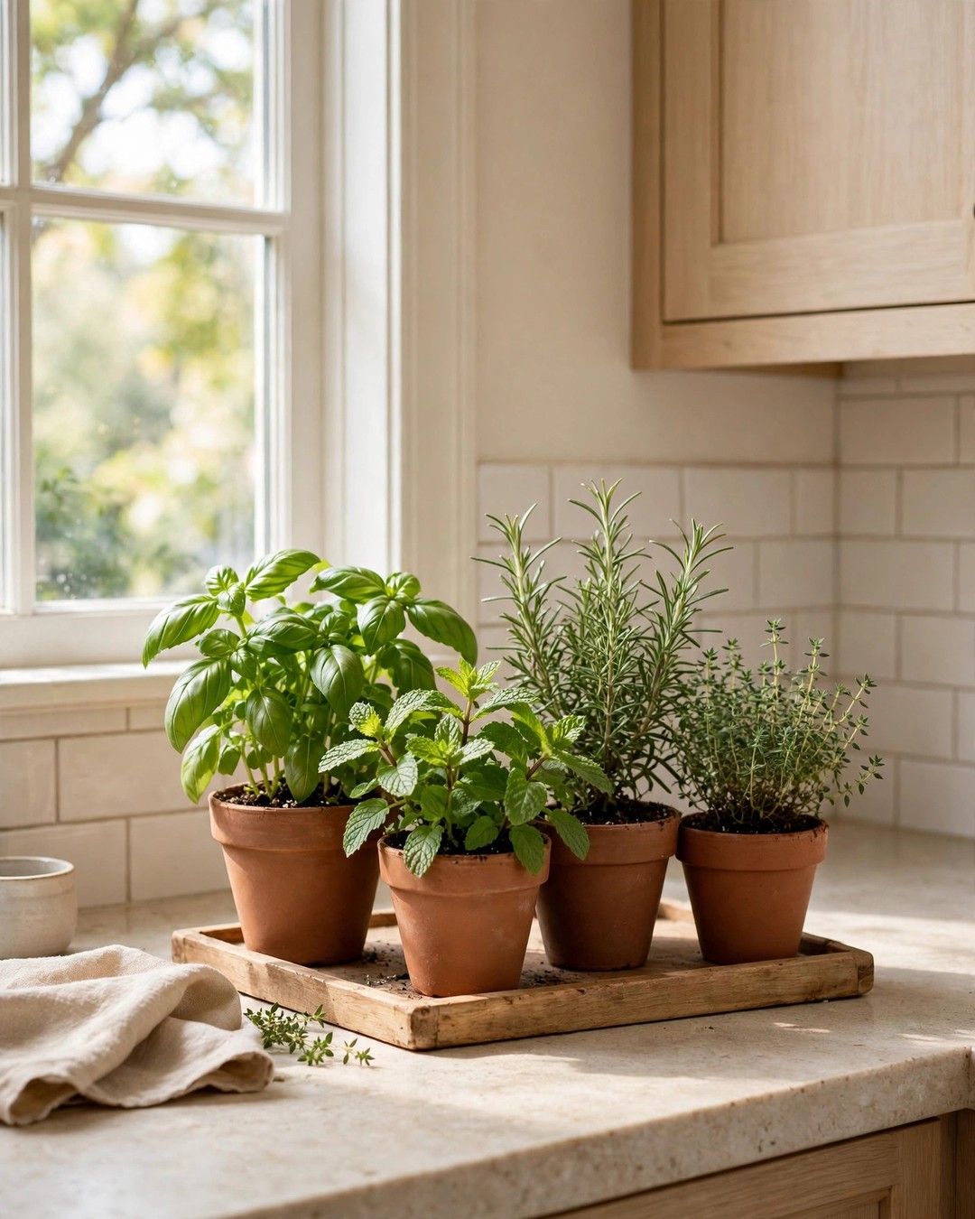 Countertop herb garden with terracotta pots of basil, mint, rosemary, and thyme on a wooden tray