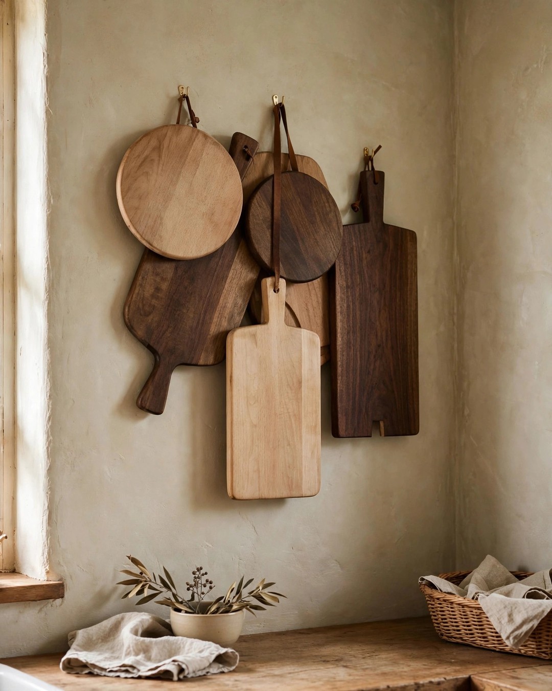 Kitchen wall styled with a cluster of wooden cutting boards in round, paddle, and rectangular shapes