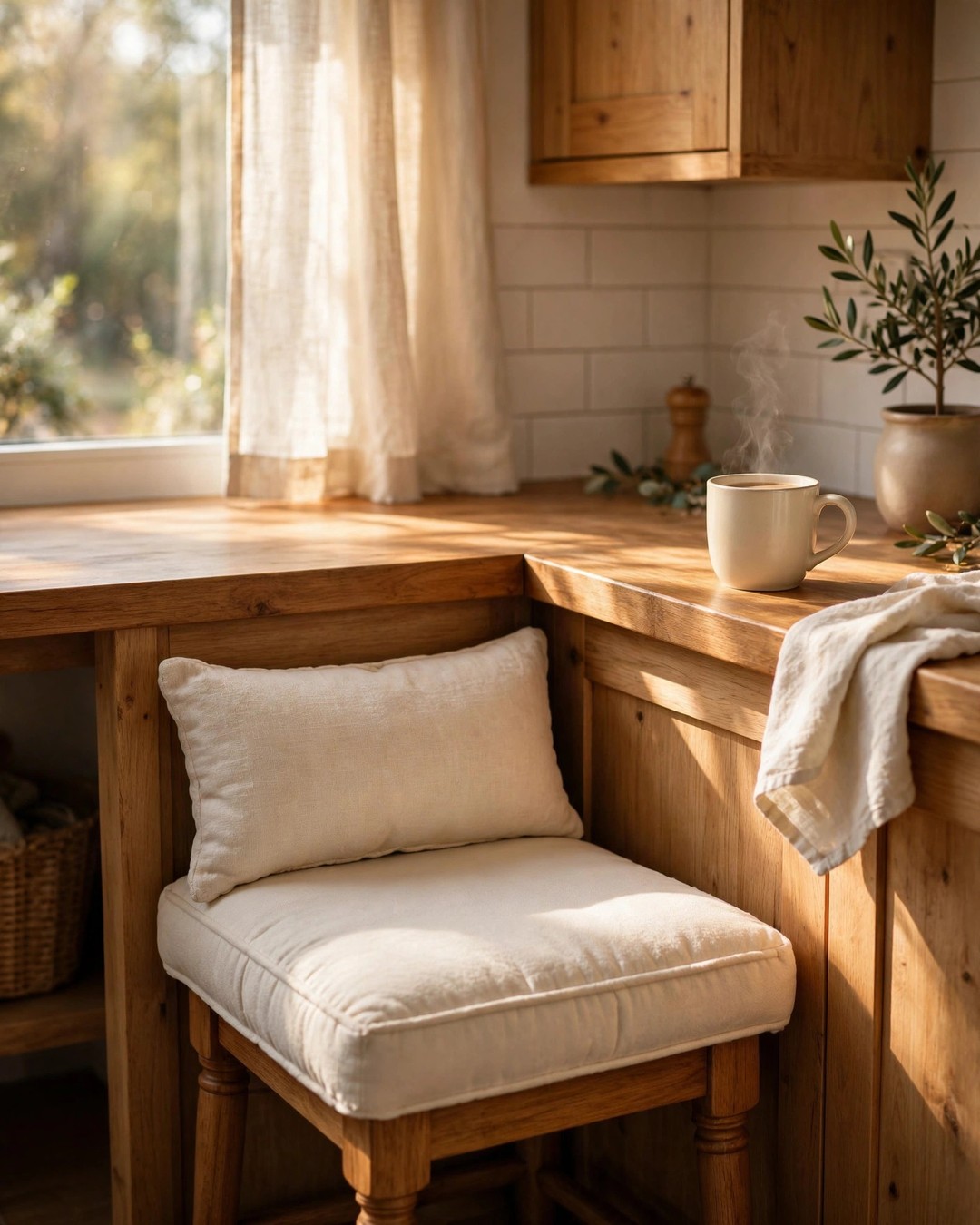 Cushioned counter stool with a cream cushion and lumbar pillow tucked under a kitchen counter