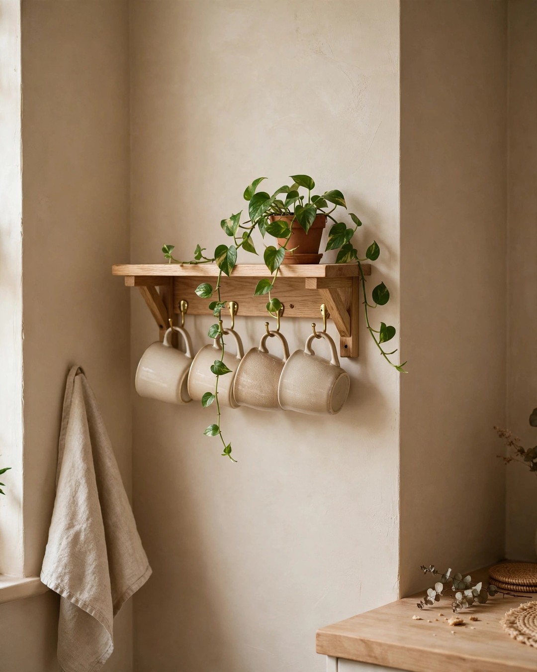 Cozy kitchen corner decor ideas: mini wooden mug shelf with hooks holding cream and beige ceramic mugs and a trailing plant