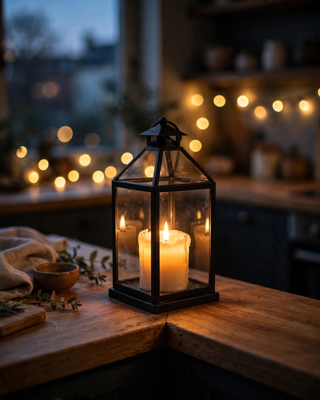 Black metal and glass lantern with a glowing candle on a kitchen counter at dusk
