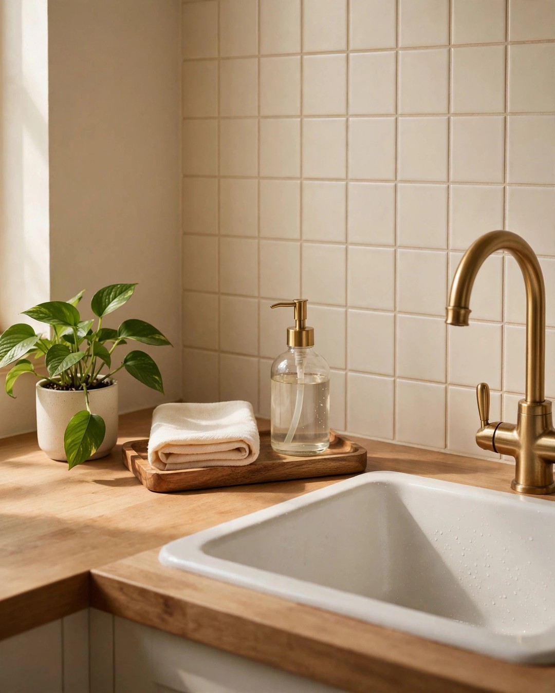 Styled kitchen sink corner with a potted pothos, wooden tray, glass soap dispenser, and folded towel