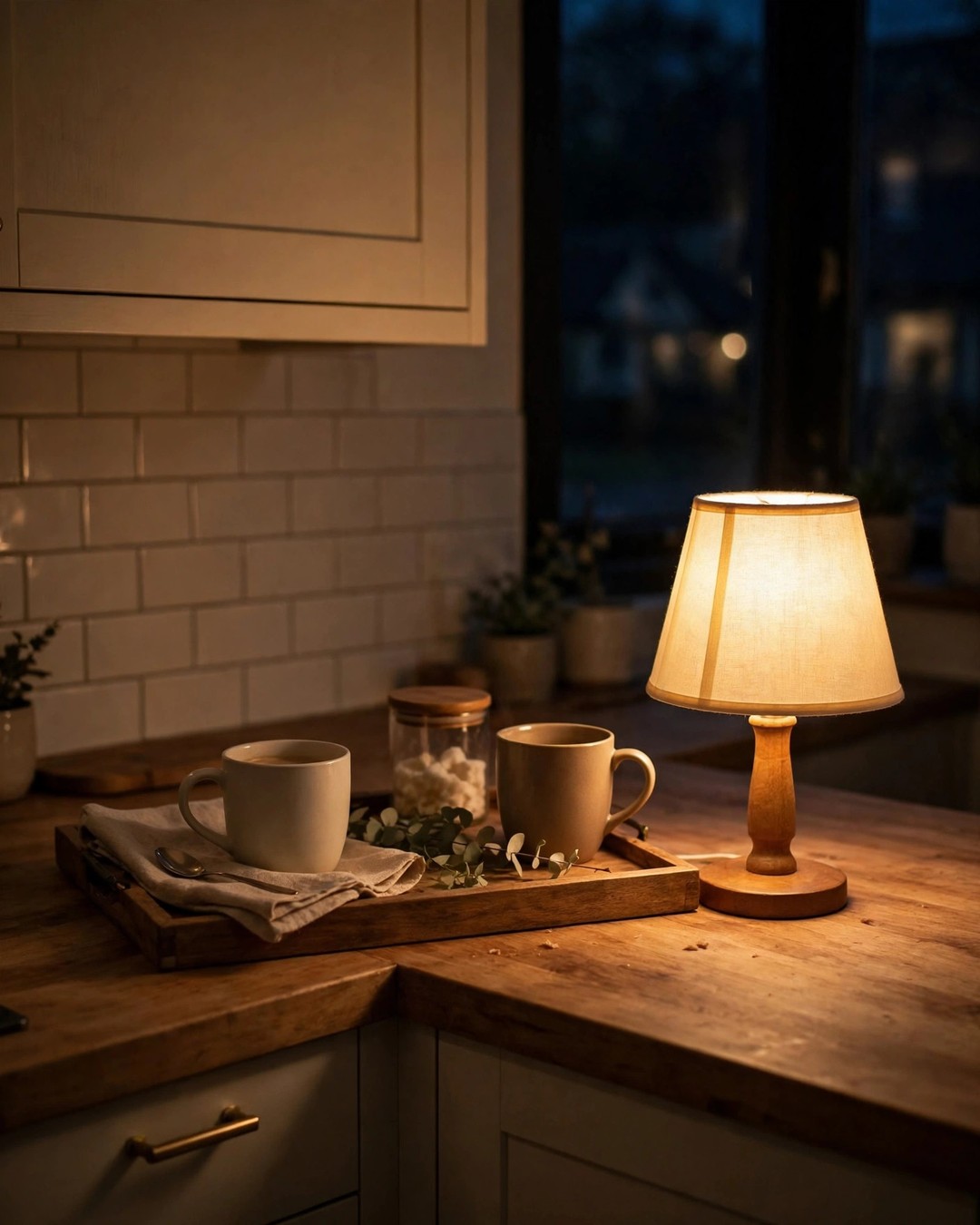 Small table lamp with a cream fabric shade glowing warm on a kitchen counter at night