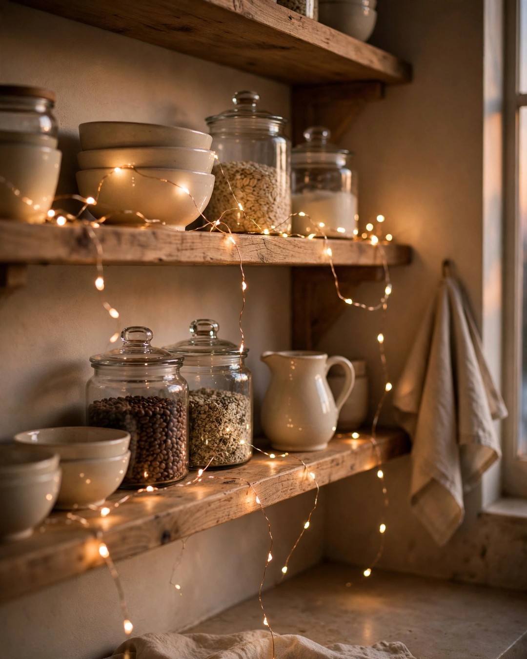 Open wooden shelves styled with cream bowls and jars with fairy lights woven along the shelf edge