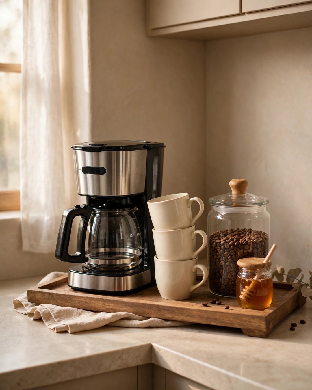 Corner coffee station with coffee maker, stacked cream mugs, coffee beans, and honey on a wooden tray