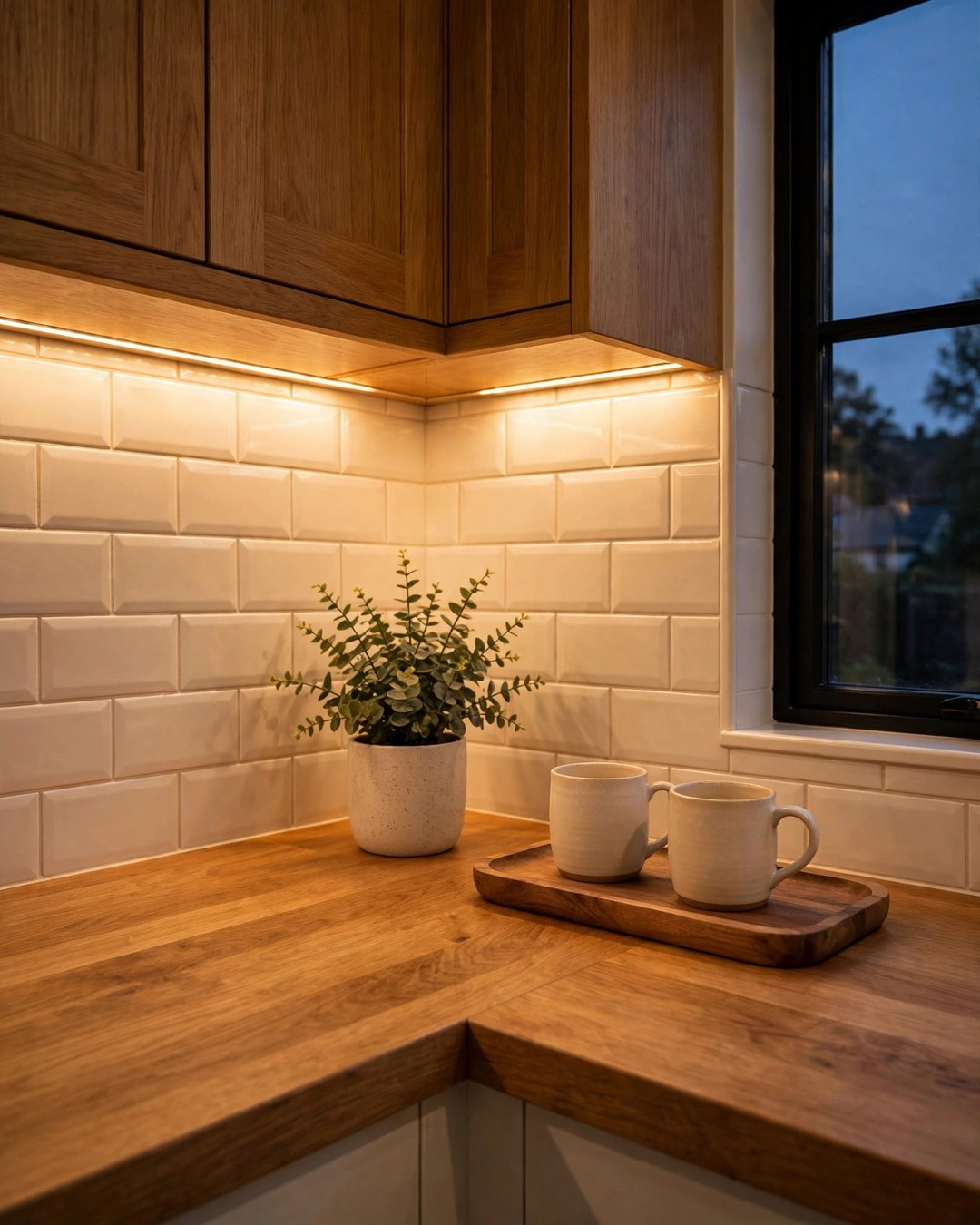 Kitchen counter corner glowing under warm under-cabinet LED strip lighting at dusk