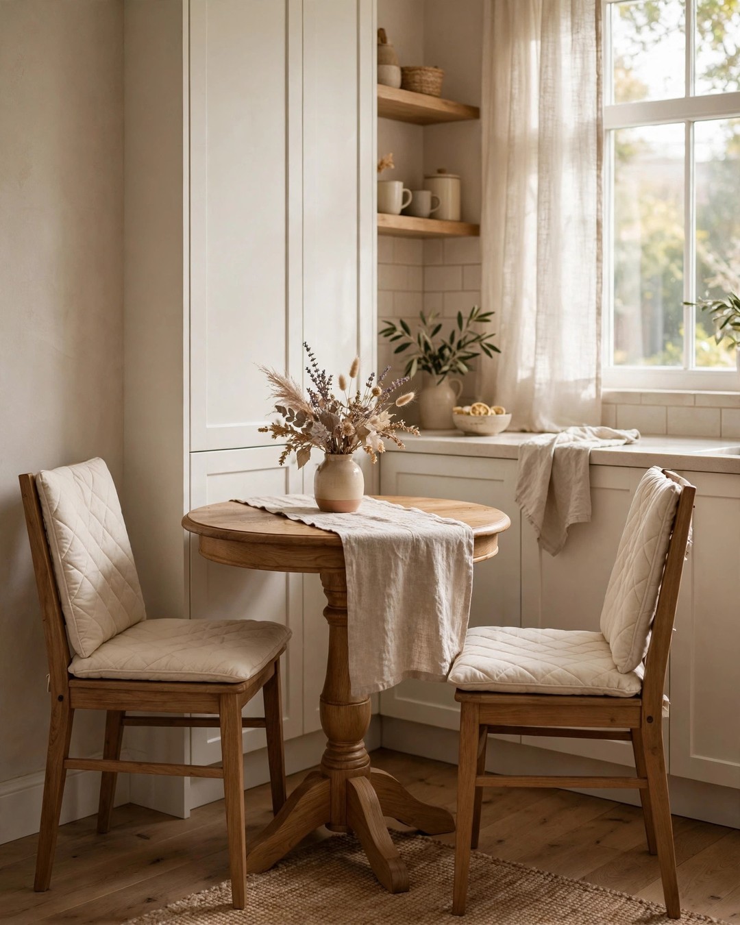 Cozy kitchen corner decor ideas: tiny breakfast nook in a bright corner with a round wooden pedestal table and two cushioned chairs