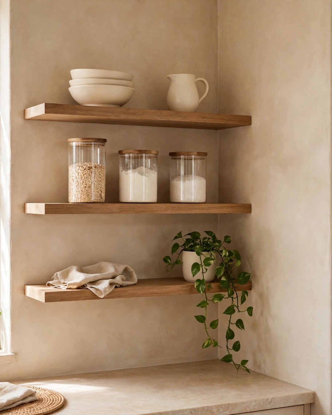 Open kitchen shelves styled with neutral ceramics, glass canisters, and a trailing green plant