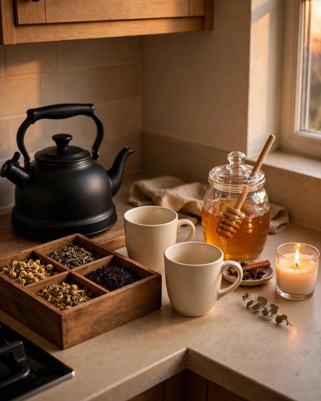 Tea and cocoa station with a black kettle, wooden tea box, cream mugs, honey jar, and a lit candle