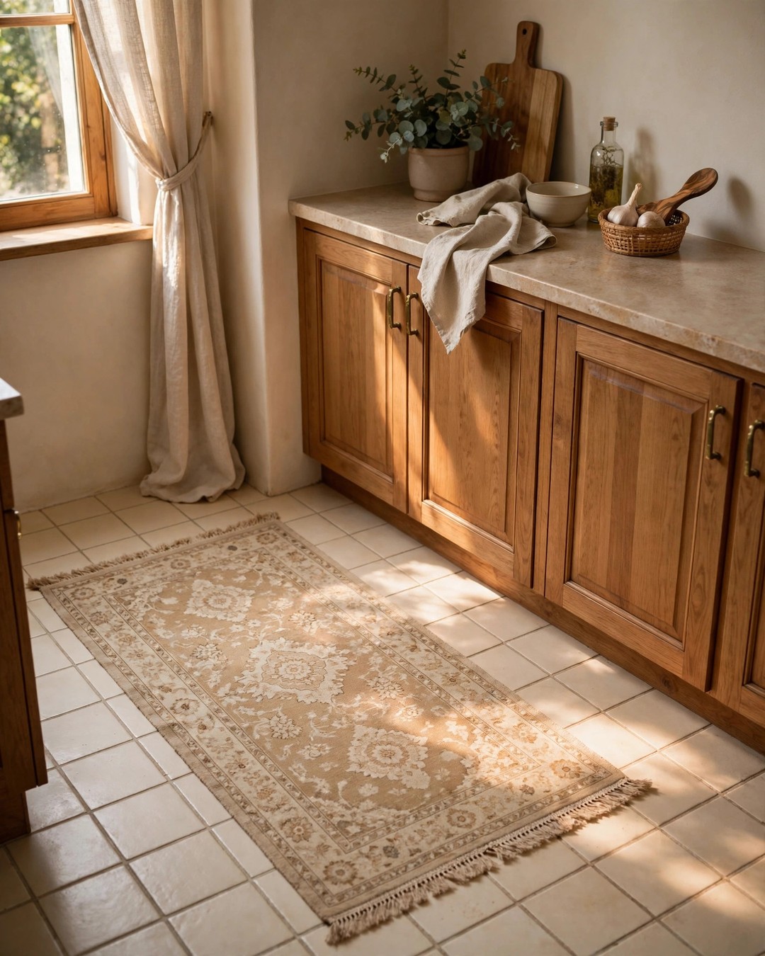 Warm beige vintage-pattern runner rug on the tile floor of a cozy kitchen corner