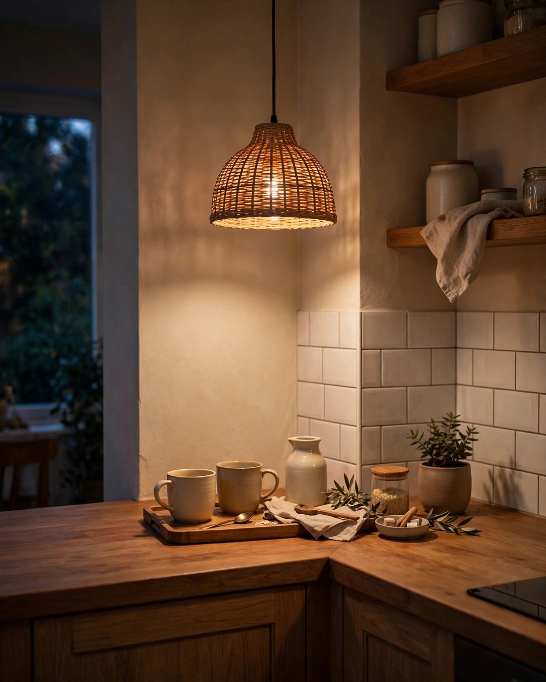 Cozy kitchen corner decor ideas: woven rattan pendant light hanging low over a kitchen corner counter at night