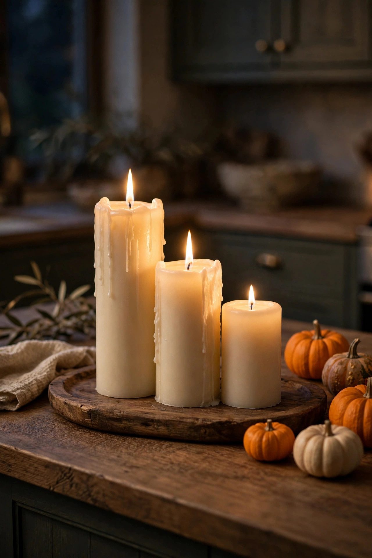 Three cream pillar candles of different heights on a wooden tray with mini pumpkins on a kitchen island