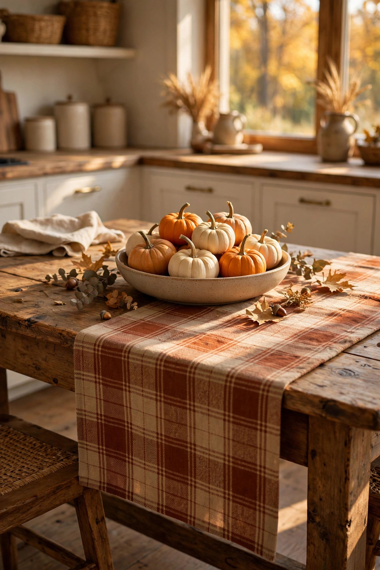 Rust plaid table runner on a wooden eat-in kitchen table with a bowl of mini pumpkins