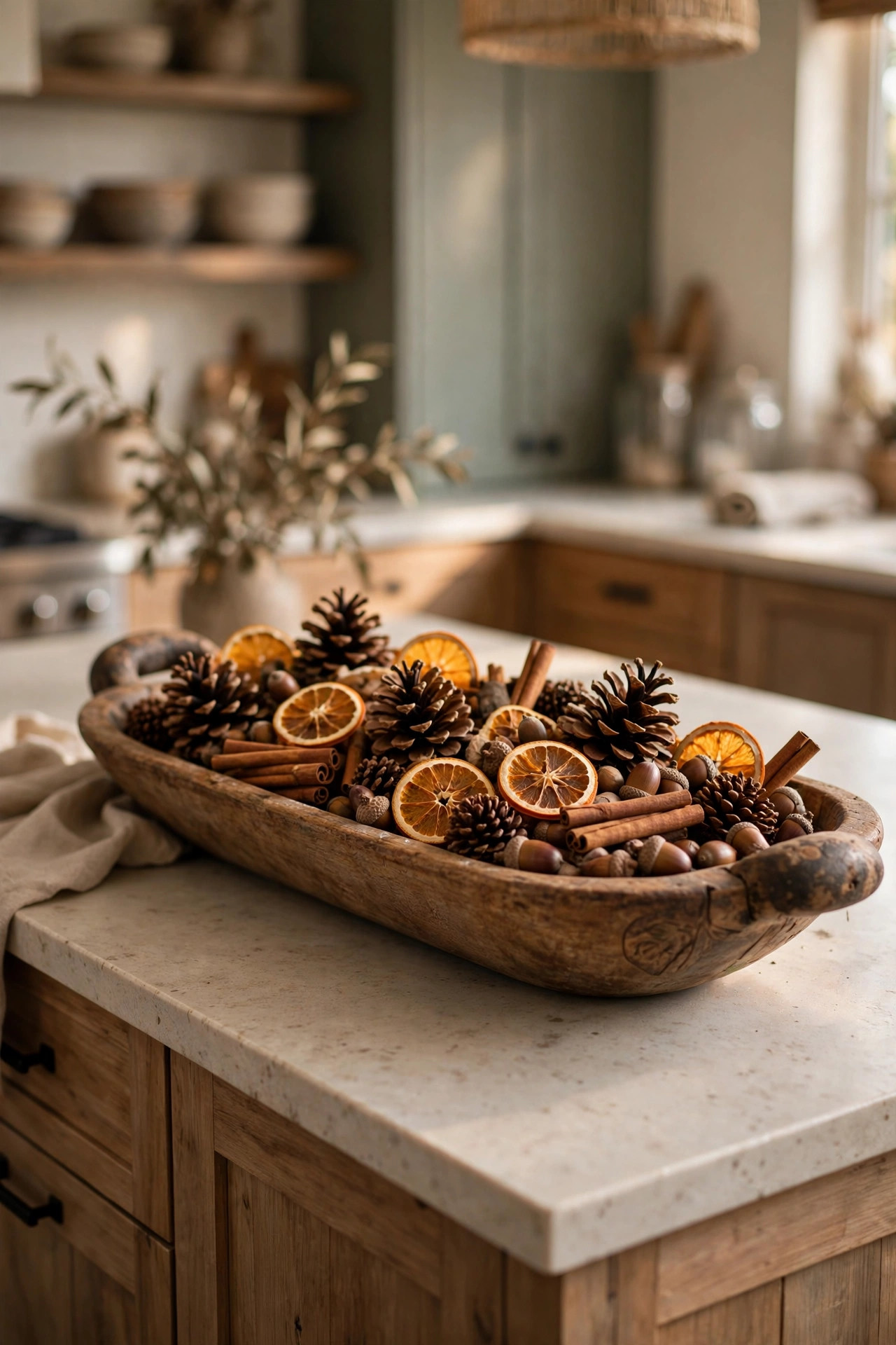 Wooden dough bowl filled with pinecones, dried orange slices, cinnamon sticks and acorns on a kitchen island