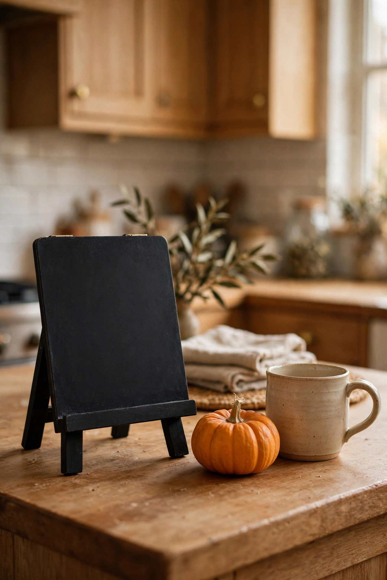 Small blank chalkboard easel on a kitchen counter next to a mini pumpkin and a ceramic mug