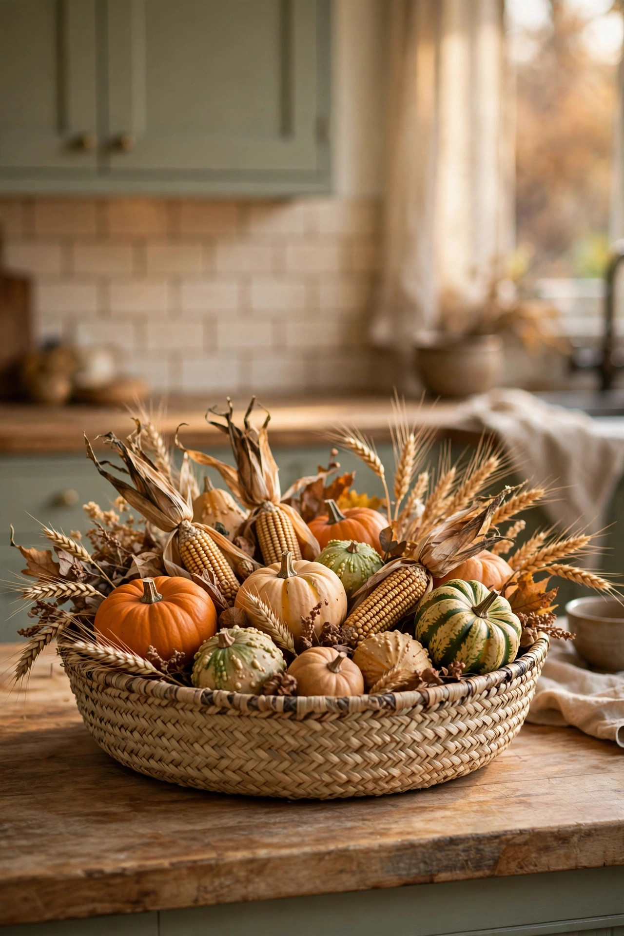 Woven seagrass basket filled with gourds, small pumpkins, dried corn and wheat on a kitchen counter