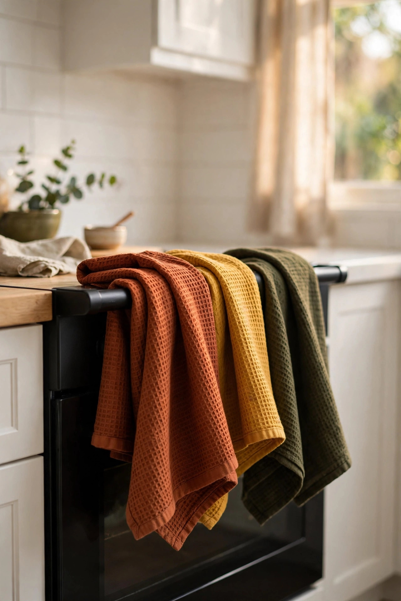 Rust, mustard and olive dish towels folded over a black oven handle in a white kitchen