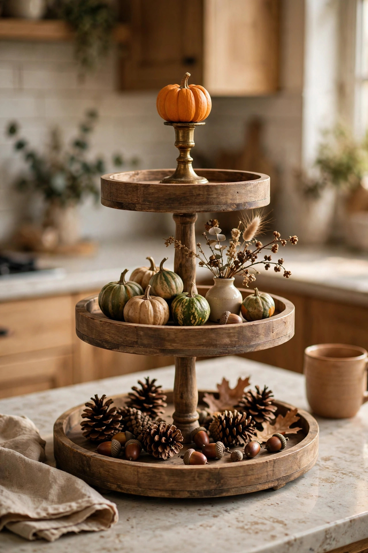 Three-tier wooden tray styled for fall with a pumpkin, mini gourds, dried stems, pinecones and acorns