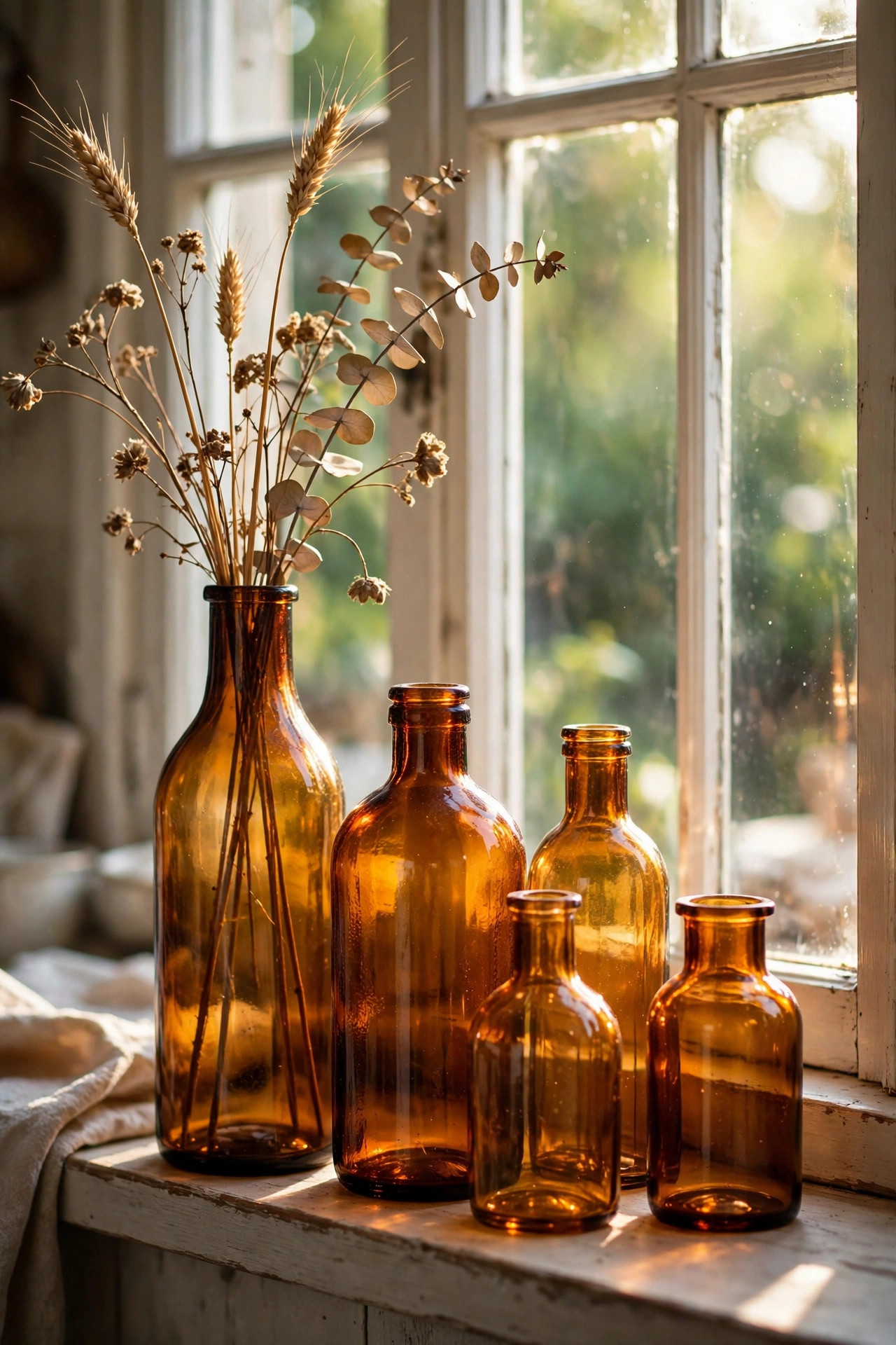 Amber glass bottles and vases in different heights on a kitchen windowsill with sunlight glowing through
