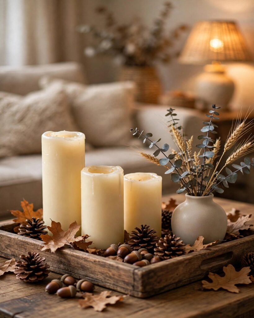 Fall coffee table tray with pillar candles, dried botanicals and pinecones