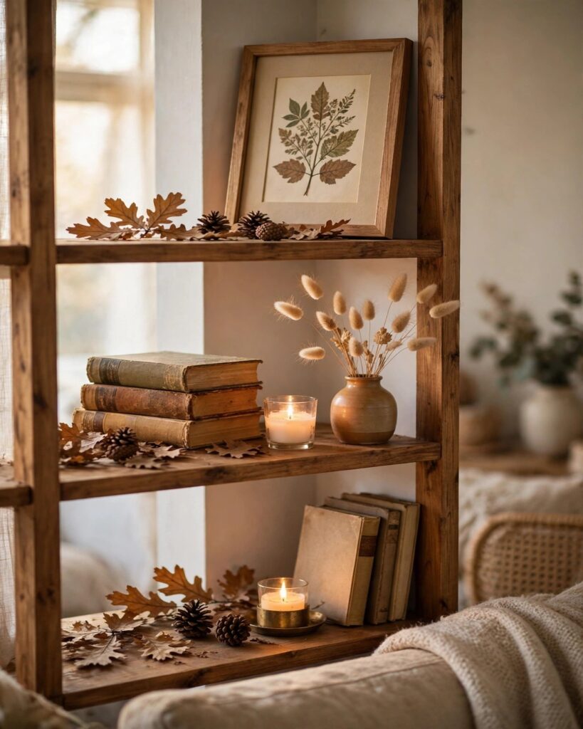 Styled open shelves with fall vignettes of books, candles and dried stems