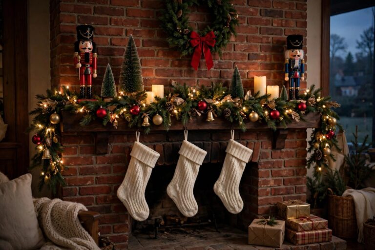 Brick fireplace mantel layered with pine garland, warm lights, red and gold ornaments, nutcrackers, bottle-brush trees, cream stockings and a wreath above