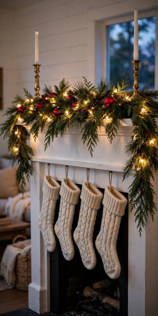 White fireplace mantel with a pine and cedar garland, warm fairy lights, red ornaments, brass candlesticks and cream knit stockings