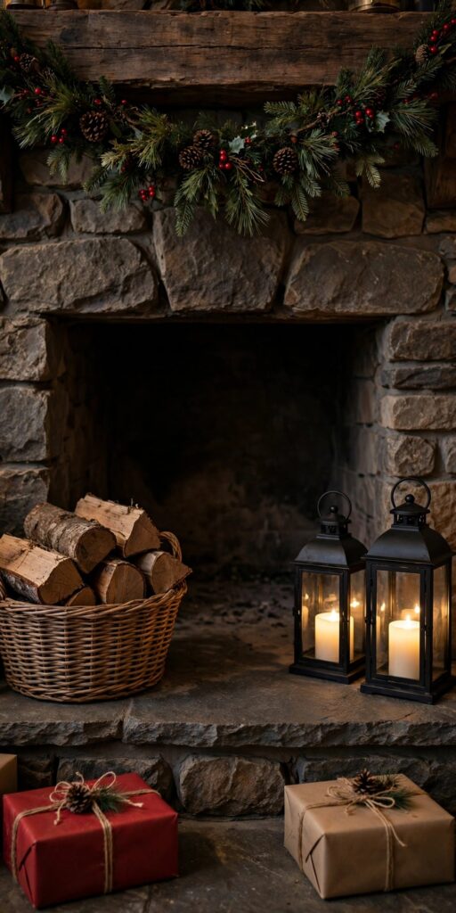 Stone hearth styled with a basket of firewood, two black lanterns with candles and wrapped gifts at its edge