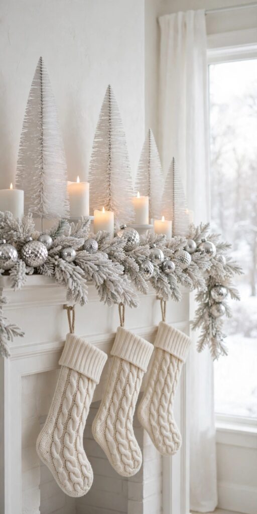 All-white Christmas mantel with a flocked garland, silver ornaments, white bottle-brush trees and cream knit stockings