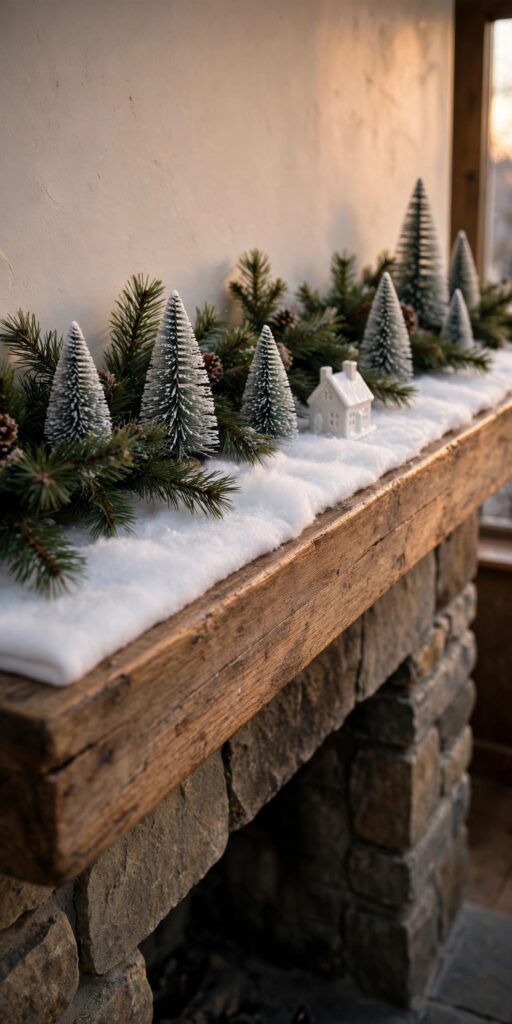 Faux snow blanket lying flat on a wooden mantel shelf under a garland, frosted bottle-brush trees and a tiny white village house