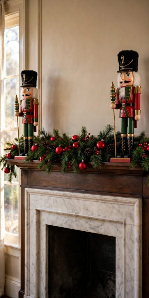 Two tall nutcracker figures in red and green uniforms standing at both ends of a wooden mantel with a marble surround