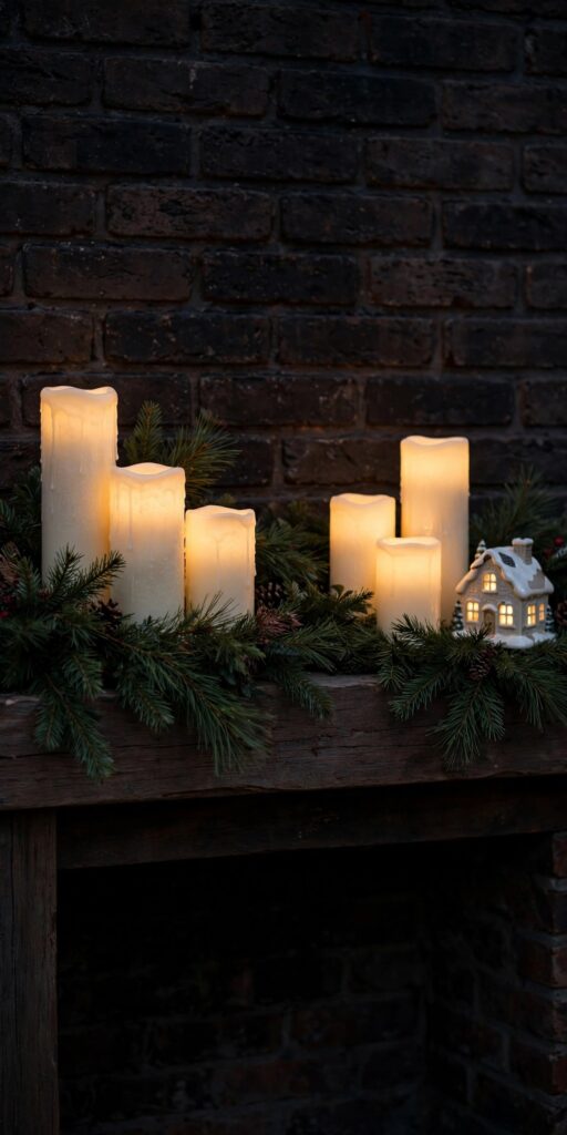Flameless wax pillar candles in two clusters glowing inside a pine garland beside a small lit village house on a dark mantel
