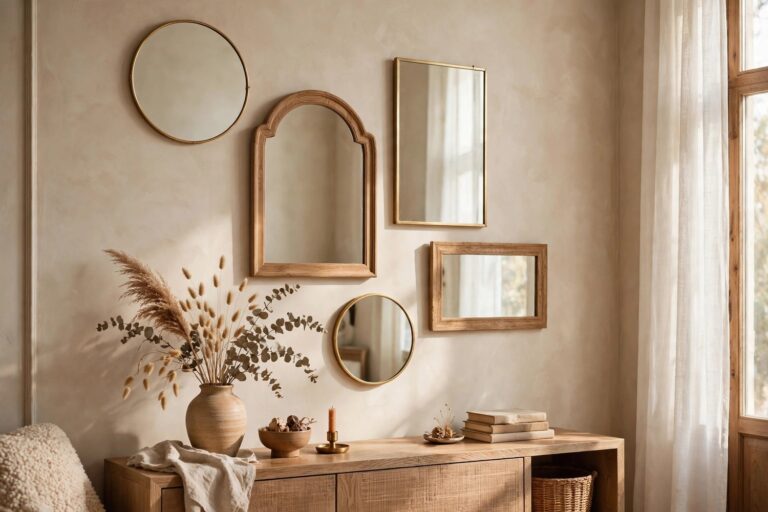 Gallery wall of decorative mirrors in brass and wood frames above a wooden console table