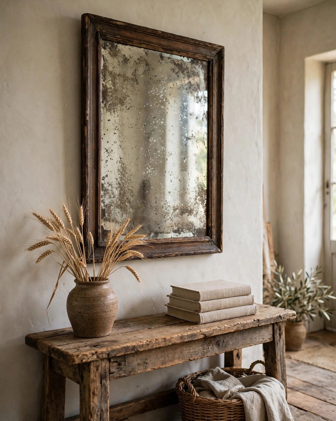 Antique-style foxed mirror above a rustic wood console