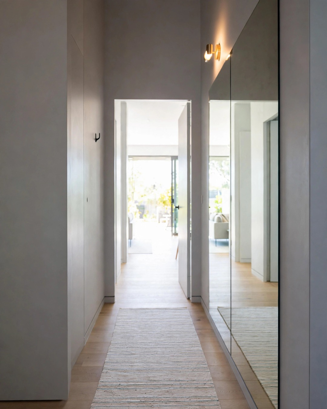 Frameless mirror on a narrow hallway wall