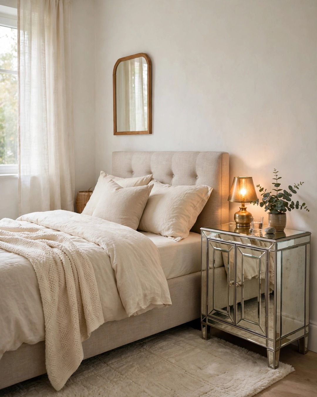 Mirrored nightstand beside an upholstered bed