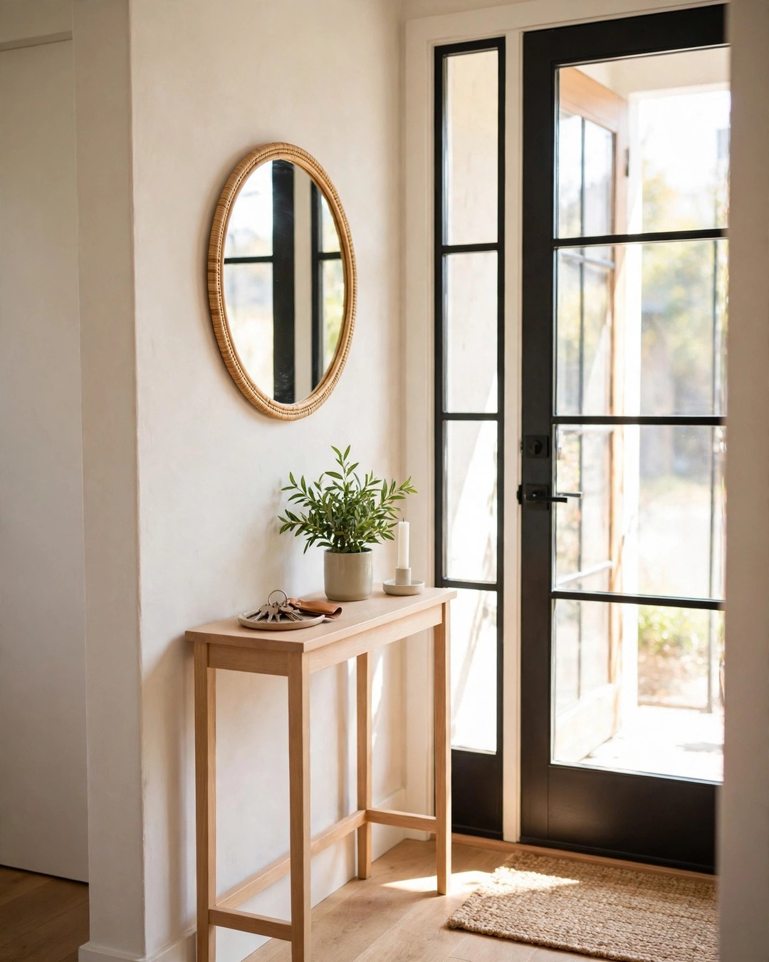 Round mirror above a narrow console in a bright entryway